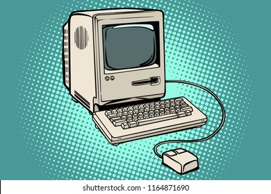 Retro computer monitor keyboard and mouse. Pop art retro vector illustration kitsch vintage