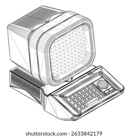 A retro computer monitor with a keyboard and a mouse. The monitor is black and white. The keyboard is small and has a few keys. Isometric view