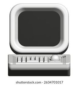 A retro computer monitor with a keyboard and a mouse. The monitor is black and white. Front view