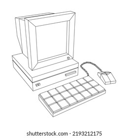 Retro computer with monitor mouse and keyboard. Business concept. Wireframe low poly mesh vector illustration.