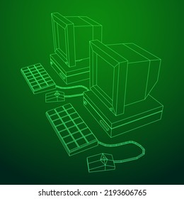 Retro computer with monitor mouse and keyboard. Business concept. Wireframe low poly mesh vector illustration.