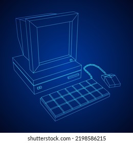 Retro computer with monitor mouse and keyboard. Business concept. Wireframe low poly mesh vector illustration.