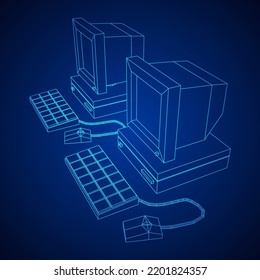 Retro computer with monitor mouse and keyboard. Business concept. Wireframe low poly mesh vector illustration.