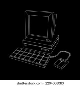 Retro computer with monitor mouse and keyboard. Business concept. Wireframe low poly mesh vector illustration.