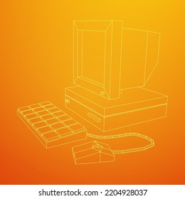 Retro computer with monitor mouse and keyboard. Business concept. Wireframe low poly mesh vector illustration.