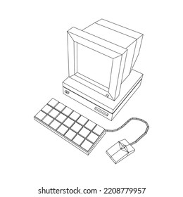 Retro computer with monitor mouse and keyboard. Business concept. Wireframe low poly mesh vector illustration.