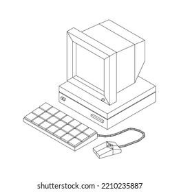 Retro computer with monitor mouse and keyboard. Business concept. Wireframe low poly mesh vector illustration.
