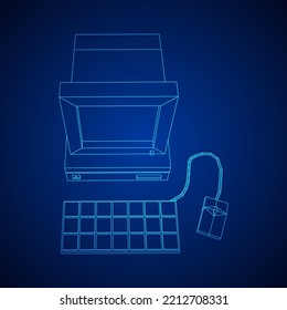 Retro computer with monitor mouse and keyboard. Business concept. Wireframe low poly mesh vector illustration.
