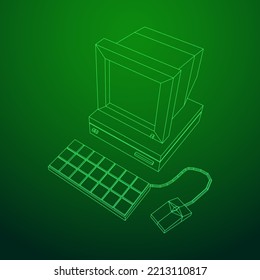 Retro computer with monitor mouse and keyboard. Business concept. Wireframe low poly mesh vector illustration.