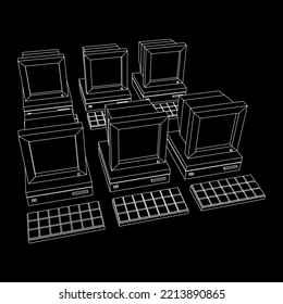 Retro computer with monitor mouse and keyboard. Business concept. Wireframe low poly mesh vector illustration.