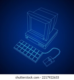 Retro computer with monitor mouse and keyboard. Business concept. Wireframe low poly mesh vector illustration.