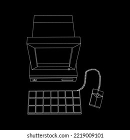 Retro computer with monitor mouse and keyboard. Business concept. Wireframe low poly mesh vector illustration.