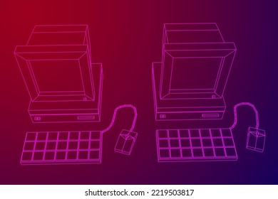 Retro computer with monitor mouse and keyboard. Business concept. Wireframe low poly mesh vector illustration.