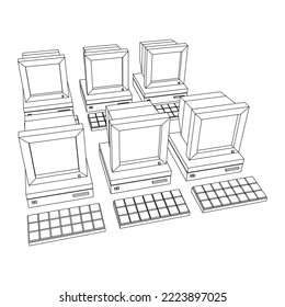 Retro computer with monitor mouse and keyboard. Business concept. Wireframe low poly mesh vector illustration.