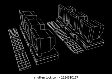 Retro computer with monitor mouse and keyboard. Business concept. Wireframe low poly mesh vector illustration.