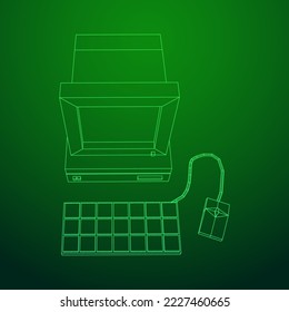 Retro computer with monitor mouse and keyboard. Business concept. Wireframe low poly mesh vector illustration.