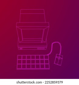 Retro computer with monitor mouse and keyboard. Business concept. Wireframe low poly mesh vector illustration.