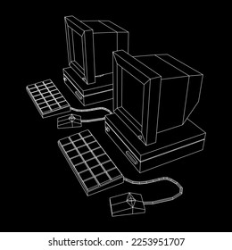 Retro computer with monitor mouse and keyboard. Business concept. Wireframe low poly mesh vector illustration.