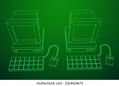 Retro computer with monitor mouse and keyboard. Business concept. Wireframe low poly mesh vector illustration.