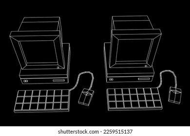Retro computer with monitor mouse and keyboard. Business concept. Wireframe low poly mesh vector illustration.