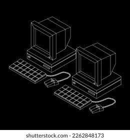 Retro computer with monitor mouse and keyboard. Business concept. Wireframe low poly mesh vector illustration.