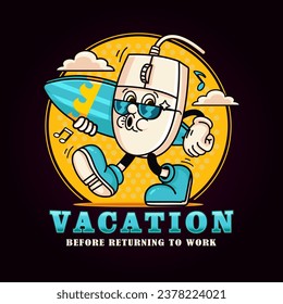 Retro computer mouse cartoon character on vacation with a surfboard. Suitable for logos, mascots, t-shirts, stickers and posters