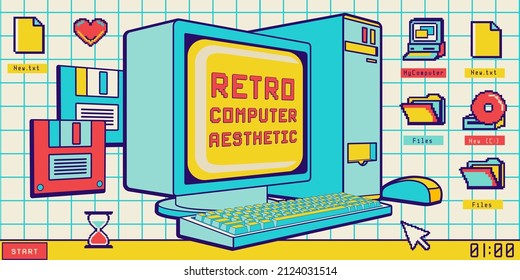 Retro Computer, Nostalgia Desktop Folders And Icons. Old User Interface. Wide Horizontal Back To 90's Banner With Desktop Elements And Quote: 