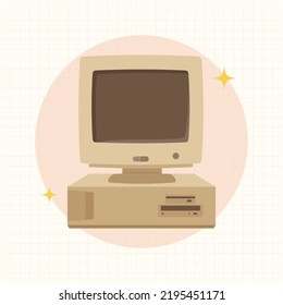 Retro Computer, Old Classic Computer, Vintage Computer Flat Design Style