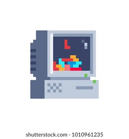 Retro computer. Pixel art icon. Tetris game on the screen. Stickers design. Isolated vector illustration.