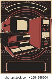 Retro Computer Poster Template, Monitor, Keyboard, System Unit, Black Red White Background