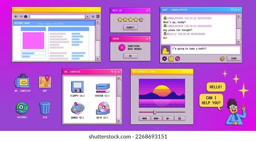 Retro-Computer-Bildschirm-Schnittstelle im Grafikstil der 90er Jahre. Digitale grafische Benutzeroberfläche von Desktop-PCs mit Fenstern, Browser, Chat und Ordner im y2k-Stil, Vektorgrafik-Illustration