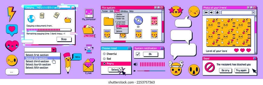 Retro computer screen interface, windows frames, dialog messages, buttons, file system, icons and smiles. Old PC graphic interface in y2k style, vector cartoon illustration