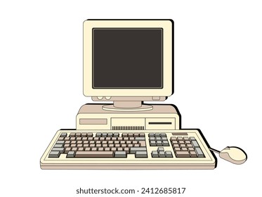 Retro computer with screen and keyboard. Computer 80-90s. Front faced. Cartoon style. Linear retro style
