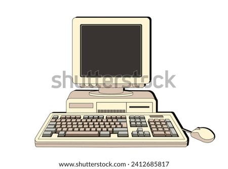 Retro computer with screen and keyboard. Computer 80-90s. Front faced. Cartoon style. Linear retro style
