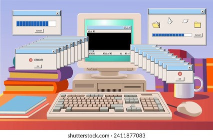 Retro computer with screen and keyboard and user interface elements. Computer 80-90s. Front faced. Back to 90's,  banner. Cartoon style.
