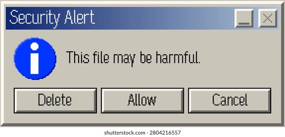 Retro computer security alert dialog box with file warning message and action buttons. Pixel art UI element for tech or gaming concepts. Vector illustration.