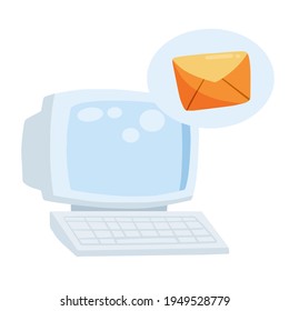Retro computer. Sending and receiving an email. Yellow envelope with letter. Communication and message. Flat cartoon illustration
