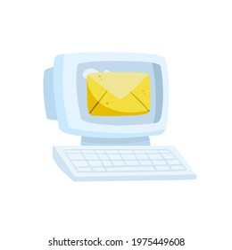 Retro computer. Sending and receiving an email. Yellow envelope with letter. Communication and message. Flat cartoon illustration
