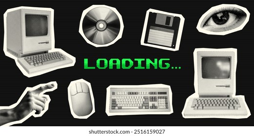 retro computer set technology loading concept collage design with desktop floppy disk mouse compact disc keyboard monitor screen index finger pointing vintage cut-out halftone dotted elements