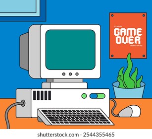 Retro Computer Setup showing an old computer with a keyboard and mouse on a desk cartoon Vector retro style illustration