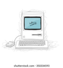 Retro computer, sketch for your design. Vector illustration