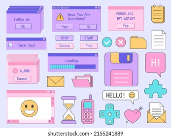 Retro computer sticker. Old PC interface with system message, geek technology retrowave icons. Vector trendy digital isolated set. Illustration of old system 90s pink interface