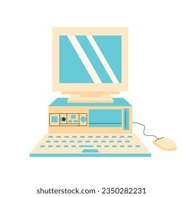 Retro computer with system unit, keyboard and mouse. Old vintage device 80s, 90s, 2000s nostalgic. Y2k PC.