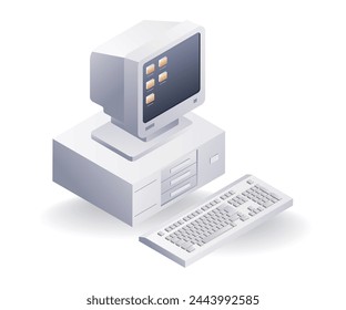 Retro computer technology concept, flat isometric 3d illustration