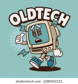 Retro Computer Trendy Vintage Cartoon Vector Hand Drawn