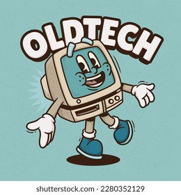 Retro Computer Trendy Vintage Cartoon Vector Hand Drawn