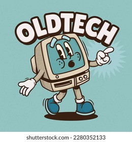 Retro Computer Trendy Vintage Cartoon Vector Hand Drawn