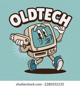 Retro Computer Trendy Vintage Cartoon Vector Hand Drawn