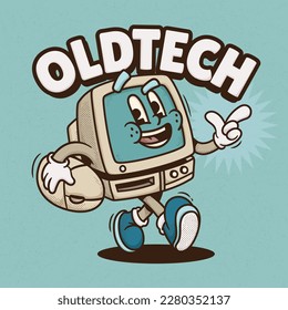 Retro Computer Trendy Vintage Cartoon Vector Hand Drawn