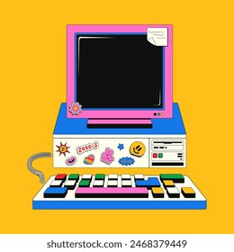 Retro-Computer im trendigen Y2K-Stil. Nostalgie für die 2000er, 90er Jahre. Bunte Vektorillustration eines Teenager-Computers mit Aufklebern bedeckt.